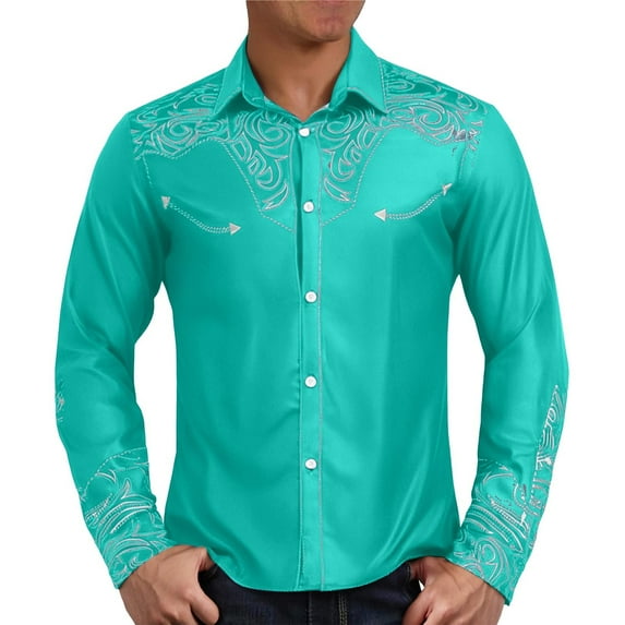 MNCEKFOD Men Shirts Retro Western Denim Pattern Printed Lapel Long Sleeved Shirt Leisure Mens Tops Blue L