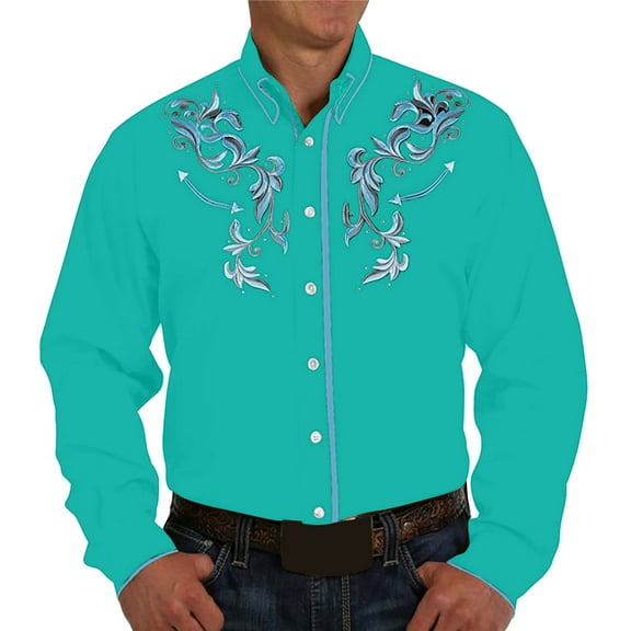 MNCEKFOD Men Shirts Retro Western Denim Printed Lapel Shirt Casual Loose Long Sleeved Leisure Mens Tops Light Blue XL