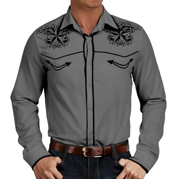 MNCEKFOD Men Shirts Retro Western Denim Printed Lapel Shirt Loose Long Sleeved Leisure Mens Tops Grey XXXXXL