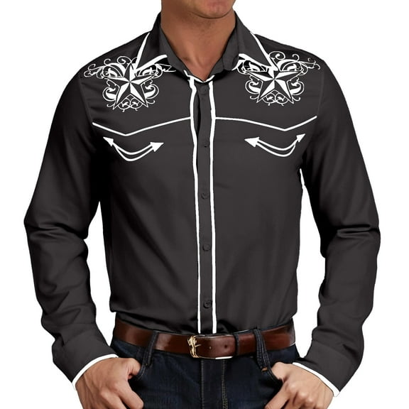 MNCEKFOD Men Shirts Retro Western Denim Printed Lapel Shirt Loose Long Sleeved Relaxed Fit Mens Tops Black L