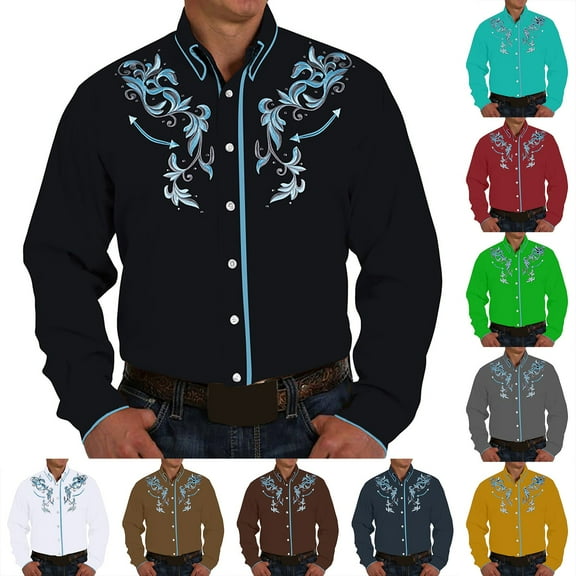 MNCEKFOD Men Shirts Summer 2025 Retro Western Denim Pattern Printed Casual Loose Trendy Lapel Long Sleeved Classic Fit Mens Tee Shirt White M