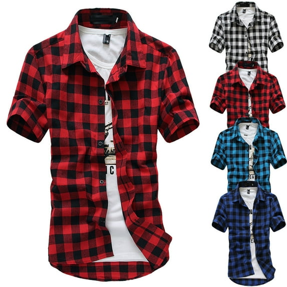MNCEKFOD Men Shirts Summer 2025 Short Sleeve Lattice Plaid Painting Button Down Shirts Collared Loose Fit Leisure Mens Tops Dark Blue XXL