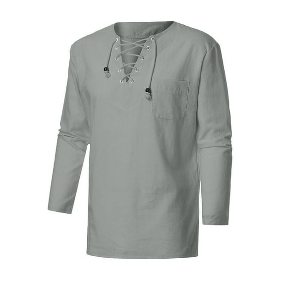 MNCEKFOD Men Shirts Vintage Long Sleeve Casual Tops Lace Up V Neck with Front Pockets Classic Fit Mens Tee Shirt Grey M