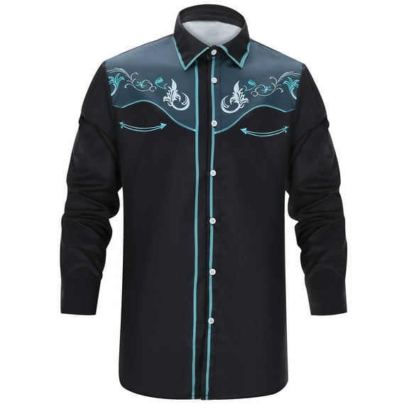 MNCEKFOD Men Shirts Western Cowboy Shirts Long Sleeve Embroidered Slim Fit Button Down With Pockets Leisure Mens Tops Light Blue L