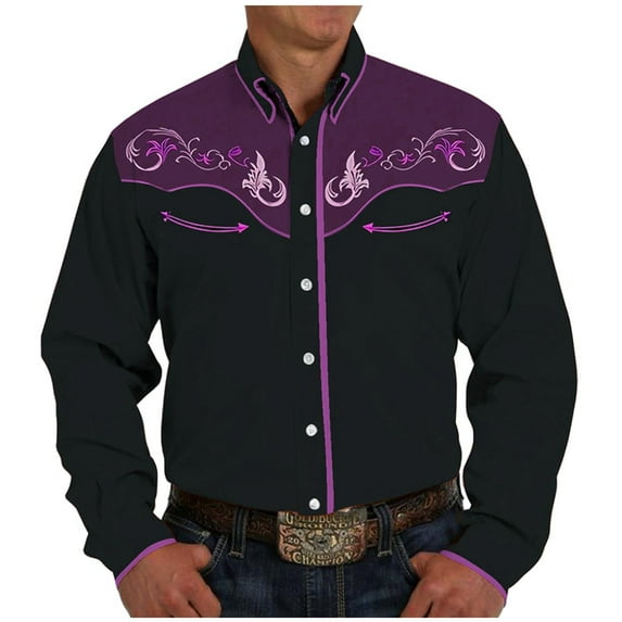 MNCEKFOD Men Shirts Western Cowboy Shirts Long Sleeve Embroidered Slim Fit Button Down With Pockets Relaxed Fit Mens Tops Purple XXXL