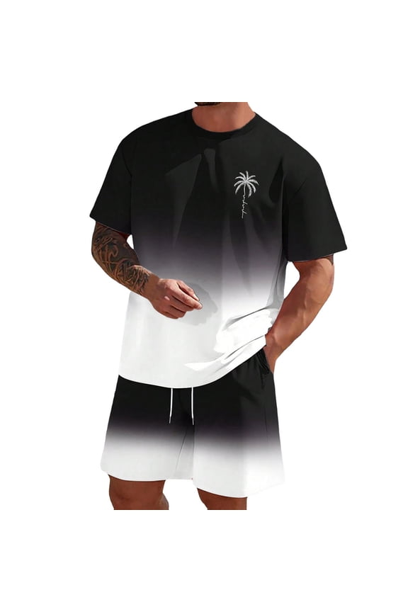 Men Short Sets Outfits Summer 2025 Oversized Short Sleeve O Neck GradientAthletic Suit with Comfy Shorts Leisure Tracksuit Black L