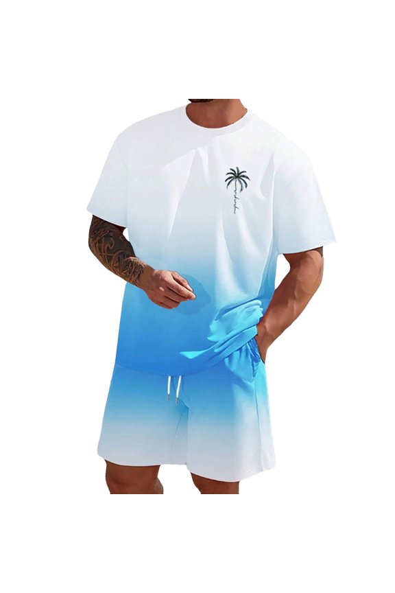 Men Short Sets Outfits Summer 2025 Oversized Short Sleeve O Neck GradientAthletic Suit with Comfy Shorts Leisure Tracksuit Sky Blue L