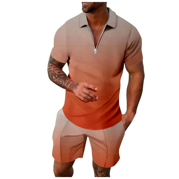 MNCEKFOD Men Short Sets Outfits Summer Gradient Collared Shirt Zipper Top with Comfy Elastic Waist Shorts Casual Tracksuit Set Orange XXXXL
