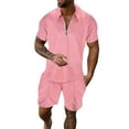 thumbnail image 1 of MNCEKFOD Two Piece Shorts Sets for Men Silm Fit Short Sleeves Zipper V Neck Shirts with Drawstring Shorts Leisure Tracksuit Pink L, 1 of 8
