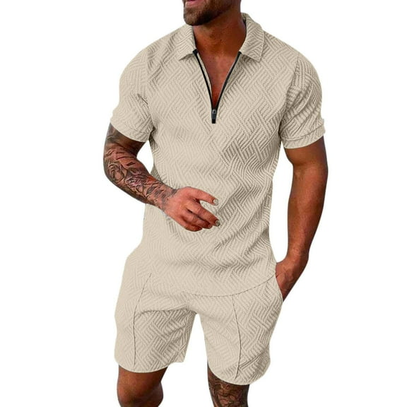 MNCEKFOD Men Short Sets Outfits Summer Short Sleeve Zipper Collared Shirt Drawstring Waist Shorts With Pockets Casual Tracksuit Set Beige L