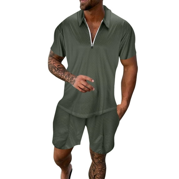 MNCEKFOD Men Short Sets Outfits Summer Silm Fit Short Sleeves Zipper V Neck Shirts with Drawstring Shorts Leisure Tracksuit Grey XXL