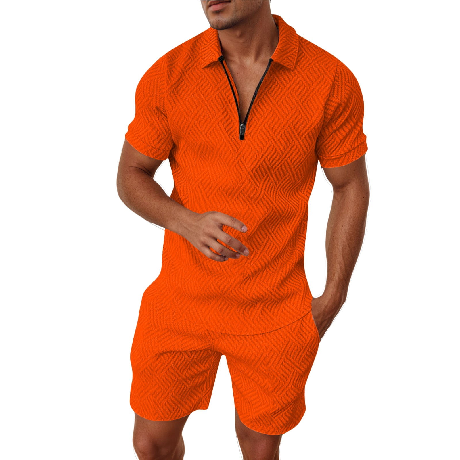 Men's Full Size Zip Collar Short Sleeve Top and Shorts Set Plus Size