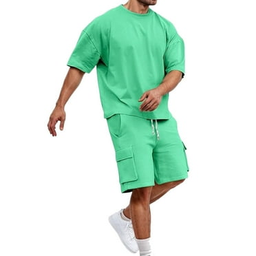 MNCEKFOD Men Short Sets Outfits Summer Stylish Crew Neck Short Sleeve Tshirts with Drawstring Waist Shorts Casual Tracksuit Set Green L
