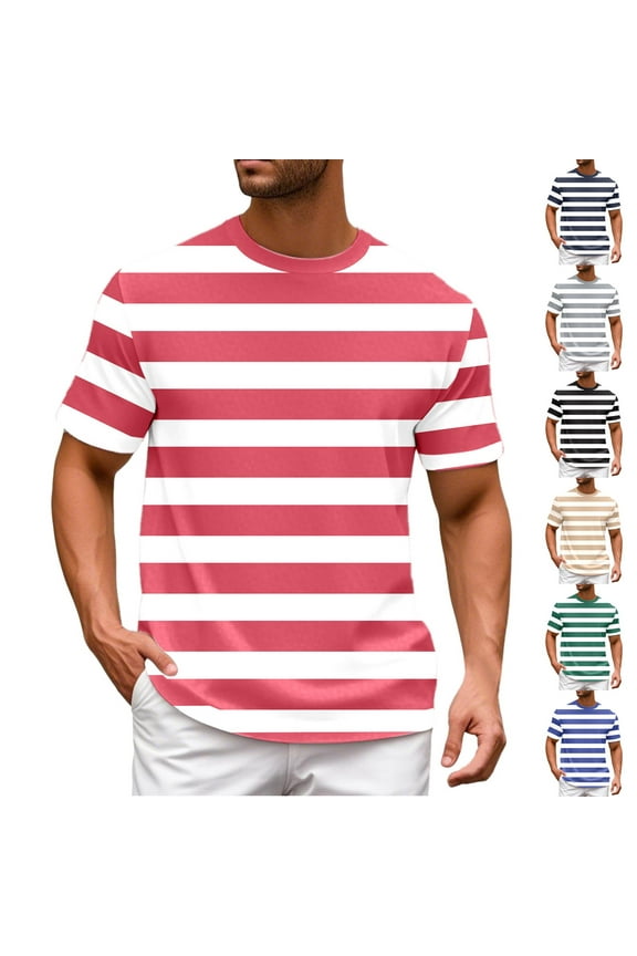 Men Summer T Shirts Color Blocked Navy Sailor Striped Tshirts Casual Loose Round Neck Short Sleeved Tee Shirt for Men Black XL