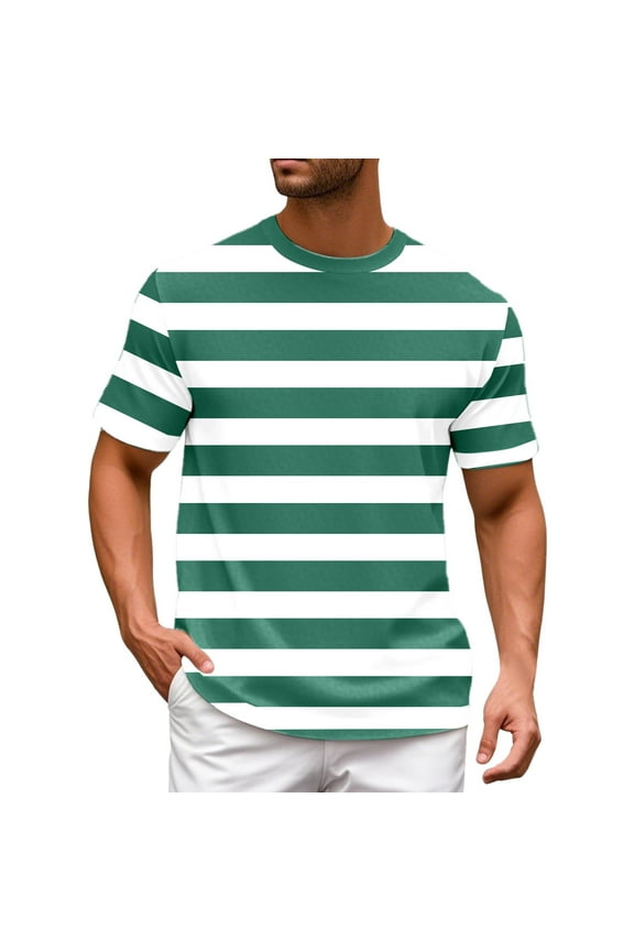 Men's Basic T Shirts Color Blocked Striped Sailor Striped Casual Trendy Round Neck Short Sleeved Leisure Mens Tops Green L
