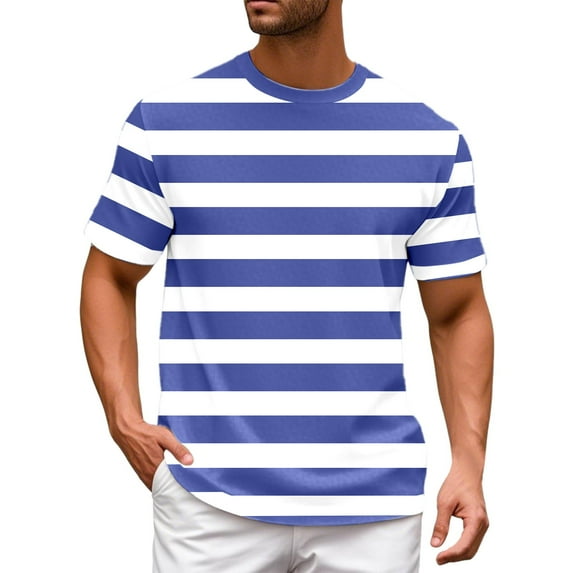 MNCEKFOD Men's Basic T Shirts Color Blocked Striped Sailor Striped Casual Trendy Round Neck Short Sleeved Tee Shirt for Men Blue L6
