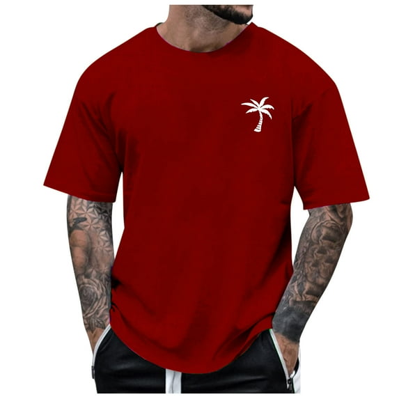 MNCEKFOD Men Summer T Shirts Beach Little Tree Printed Tshirts Short Sleeve Crew Neck Loose Fit Leisure Mens Tops Red XS