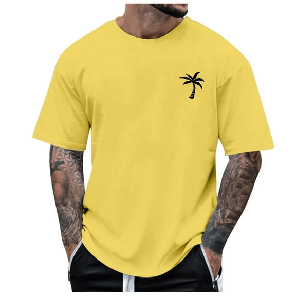 MNCEKFOD Men's Basic T Shirts Little Tree Print Tshirts Short Sleeve Crew Neck Breathable Leisure Mens Tops Yellow L