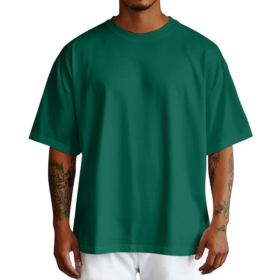 MNCEKFOD Men's Basic T Shirts Oversized Shirt Solid Color Round Shoulder Sleeve Crew Neck Leisure Mens Tops Green M