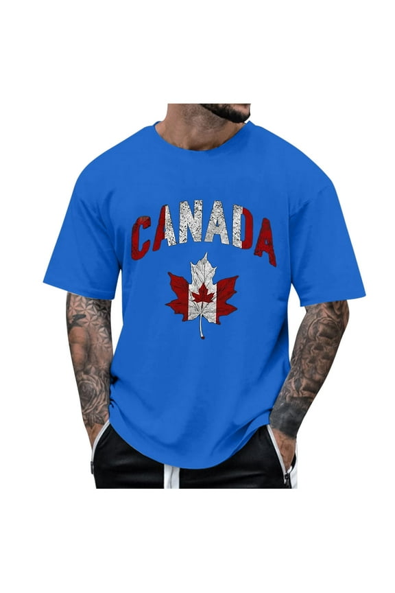 Men's Basic T Shirts Summer 2025 New Canada Day Stylish Flag Printed Short Sleeve Crew Neck Tshirts Loose Fit Leisure Mens Tops Blue L