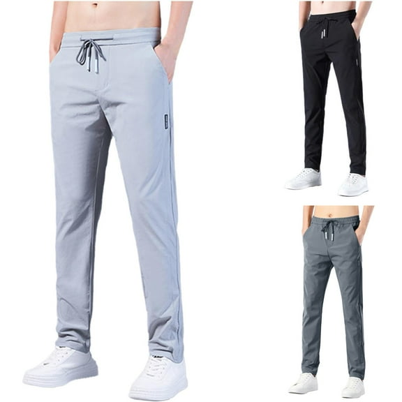 MNCEKFOD Men's Pants Summer Casual Quick Dry Stretch Ice Silk Breathable Running Jogger Slacks with Drawstring Classic Fit Trousers Black XXXL