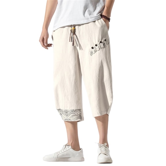 MNCEKFOD Mens Capri Pants Summer 2025 New Oversized Linen Straight Wide Leg Japanese Style Loose Fit Modern Fit Trousers Beige XL