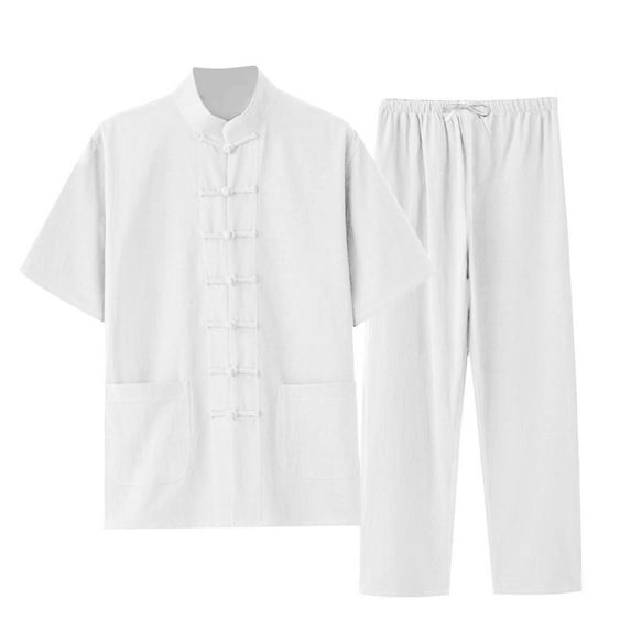 MNCEKFOD Mens Long Pants Sets 2 Piece Outfits Summer Tang Style Short Sleeved Collared Shirts Button Down with Drawstring Waist Pants Casual Tracksuit Set White XXXL