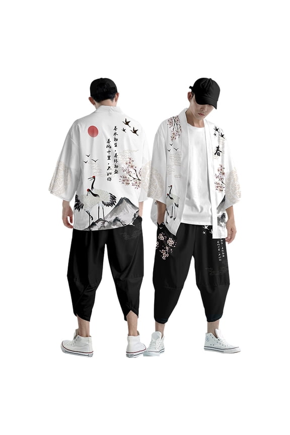 Mens Pant Sets 2 Piece Outfits Summer Casual Loose Daily Kimono Set Japanese Multicolor Printed Loose Cardigan 3/4 Sleeve Relax Fit Tracksuit Light Gray XXXL