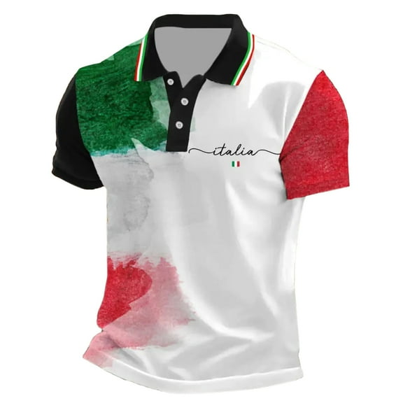 MNCEKFOD Mens Polo Shirts Stylish Italian Flag Printed Button Down Shirts Short Sleeve Relaxed Fit Mens Tops Black XXL