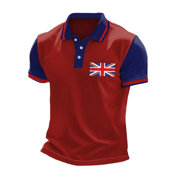 MNCEKFOD Mens Polo Shirts UK Flag Print Casual Bussiness Raglan Sleeve Button Lapel Breathable Classic Fit Mens Tee Shirt XXL