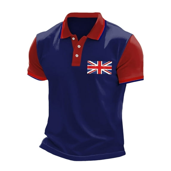 MNCEKFOD Mens Polo Shirts UK Flag Print Casual Bussiness Raglan Sleeve Button Lapel Breathable Leisure Mens Tops Navy L