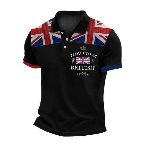 MNCEKFOD Mens Polo Shirts UK Flag Print Casual BussinessButton Lapel Raglan Sleeve Breathable Classic Fit Mens Tee Shirt Black L