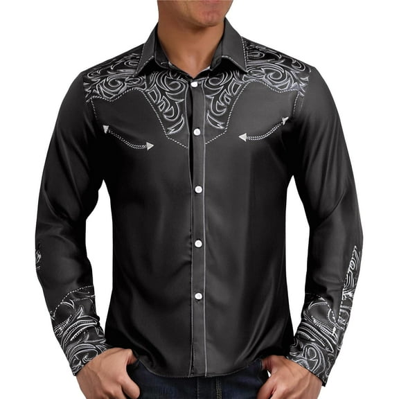 MNCEKFOD Mens Shirt Retro Western Denim Pattern Printed Lapel Long Sleeved Shirt Leisure Mens Tops Black L