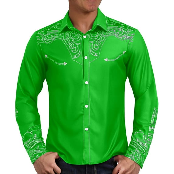 MNCEKFOD Mens Shirt Retro Western Denim Pattern Printed Lapel Long Sleeved Shirt Relaxed Fit Mens Tops Green XXXXXXL