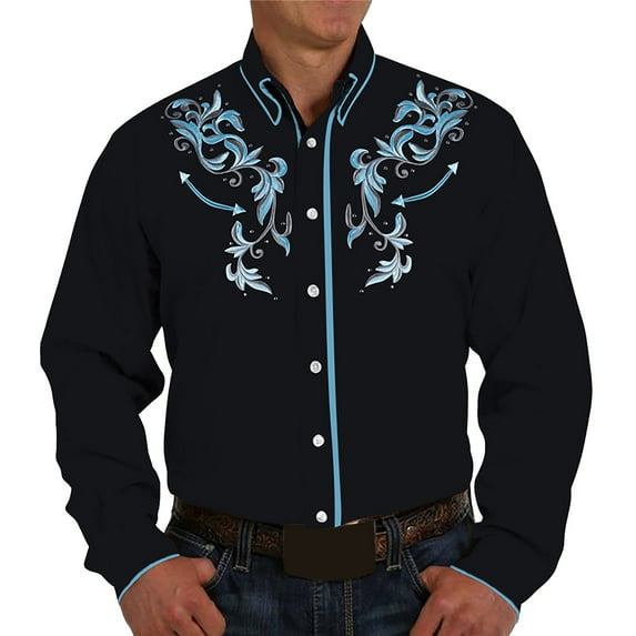 MNCEKFOD Mens Shirt Retro Western Denim Printed Lapel Shirt Casual Loose Long Sleeved Classic Fit Mens Tee Shirt Black L