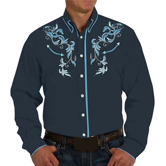 MNCEKFOD Mens Shirt Retro Western Denim Printed Lapel Shirt Casual Loose Long Sleeved Classic Fit Mens Tee Shirt Navy L