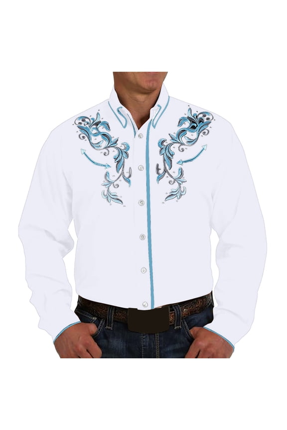 Mens Shirt Retro Western Denim Printed Lapel Shirt Casual Loose Long Sleeved Classic Fit Mens Tee Shirt White M