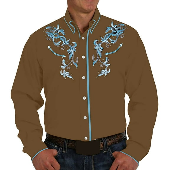 MNCEKFOD Mens Shirt Retro Western Denim Printed Lapel Shirt Casual Loose Long Sleeved Leisure Mens Tops Khaki XL