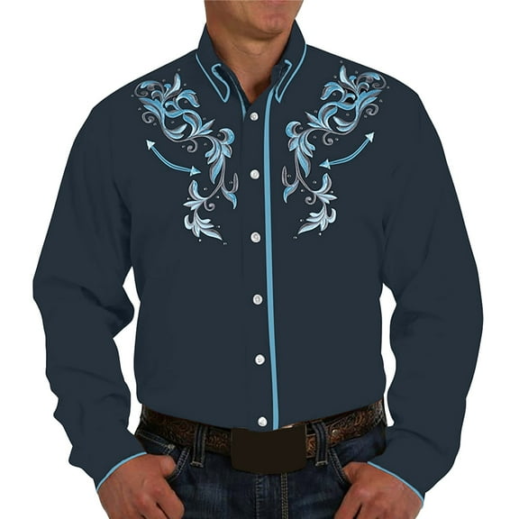 MNCEKFOD Mens Shirt Retro Western Denim Printed Lapel Shirt Casual Loose Long Sleeved Leisure Mens Tops Navy XL