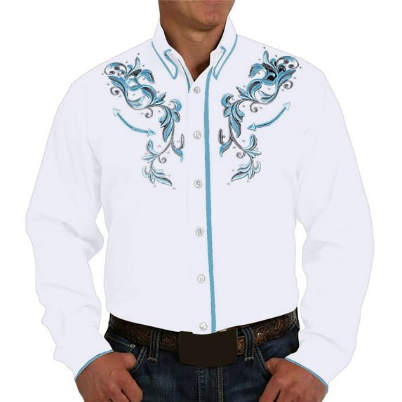 MNCEKFOD Mens Shirt Retro Western Denim Printed Lapel Shirt Casual Loose Long Sleeved Leisure Mens Tops White XL