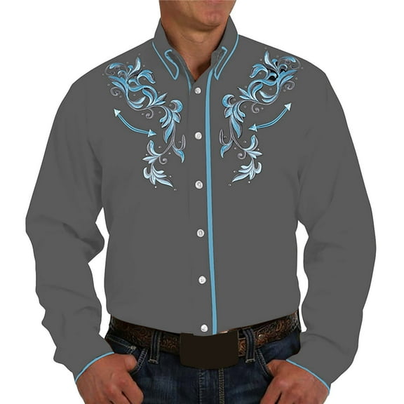 MNCEKFOD Mens Shirt Retro Western Denim Printed Lapel Shirt Casual Loose Long Sleeved Relaxed Fit Mens Tops Grey XXL