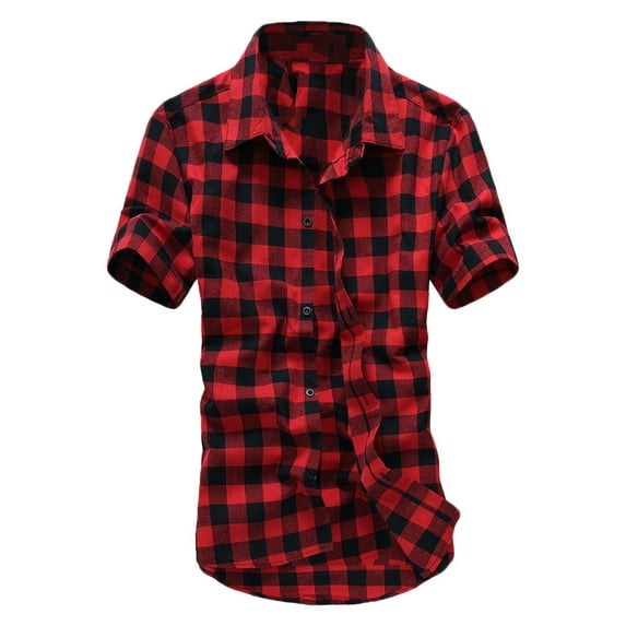 MNCEKFOD Mens Shirt Short Sleeve Collared Shirts Lattice Plaid Painting Casual Loose Fit Leisure Mens Tops Red XXXL