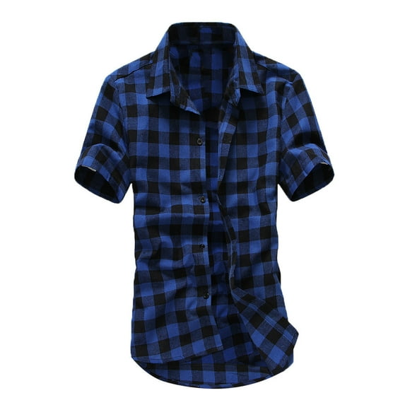 MNCEKFOD Mens Shirt Short Sleeve Collared Shirts Lattice Plaid Painting Casual Loose Fit Relaxed Fit Mens Tops Dark Blue XXL