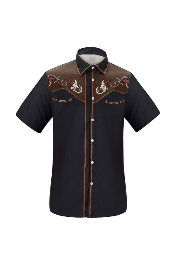 Mens Shirt Trendy Western Denim 3D Printed Lapel Short Sleeve Shirt Casual Leisure Mens Tops Brown XL