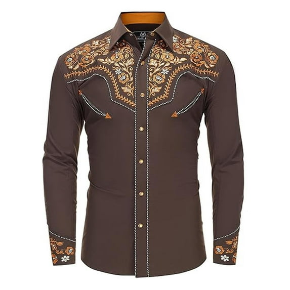 MNCEKFOD Mens Shirt Western Cowboy Shirts Long Sleeve Embroidered Slim Fit Button Down With Pockets Classic Fit Mens Tee Shirt Brown XXXL