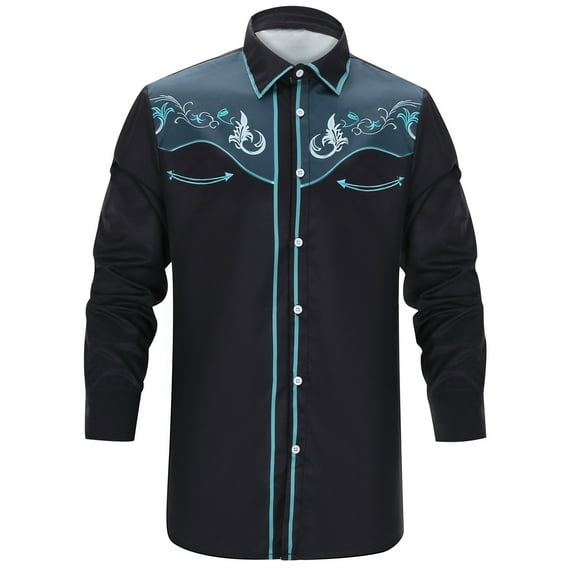 MNCEKFOD Mens Shirt Western Cowboy Shirts Long Sleeve Embroidered Slim Fit Button Down With Pockets Classic Fit Mens Tee Shirt Light Blue XXL
