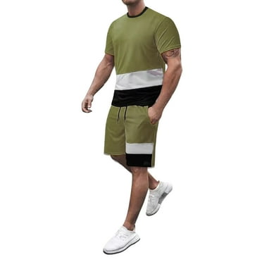 MNCEKFOD Mens Short Sets 2 Piece Outfits Summer Color Block Round Neck Short Sleeve Tshirts with Elastic Waist Shorts Casual Tracksuit Set Army Green L