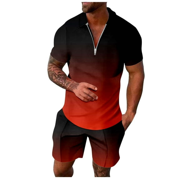 MNCEKFOD Mens Short Sets 2 Piece Outfits Summer Gradient Collared Shirt Zipper Top with Comfy Elastic Waist Shorts Casual Tracksuit Set Red S