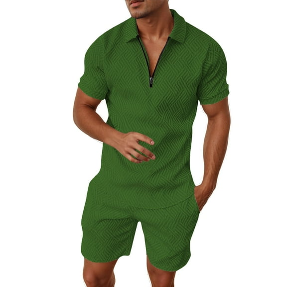 MNCEKFOD Mens Short Sets 2 Piece Outfits Summer Short Sleeve Zipper V Neck Shirts with Pockets Drawstring Shorts Relax Fit Tracksuit Army Green L