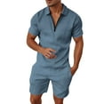 thumbnail image 1 of MNCEKFOD Mens Short Sets 2 Piece Outfits Summer Short Sleeve Zipper V Neck Shirts with Pockets Drawstring Shorts Relax Fit Tracksuit Light Blue L, 1 of 6